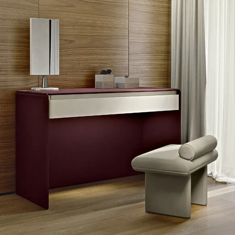 Elegant Turri Zero vanity in burgundy Italian leather with glossy lacquered wood drawer offers discreet storage
