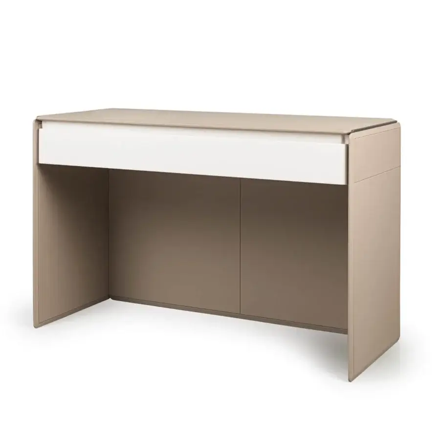 Distinguished Turri Zero vanity built in light taupe Italian leather with a glossy lacquered wooden drawer and bright white contrast detail