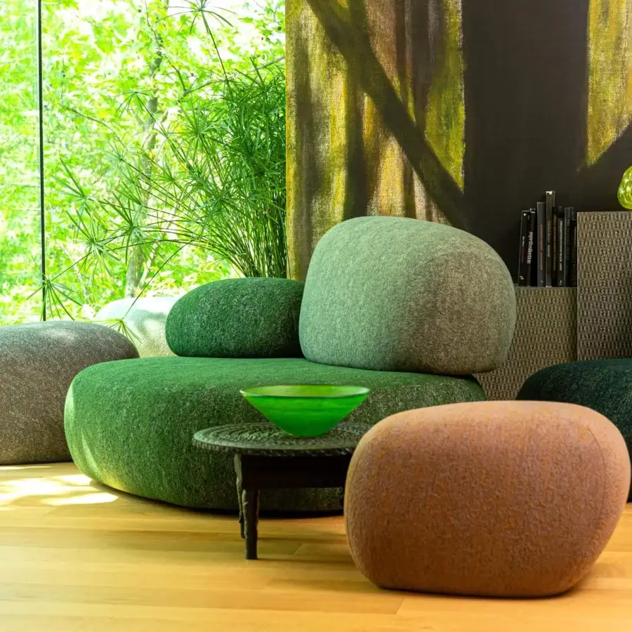Superior Moroso Pebble Rubble lounge chair with organic stone-like forms upholstered in textured green fabric crafted in Italy