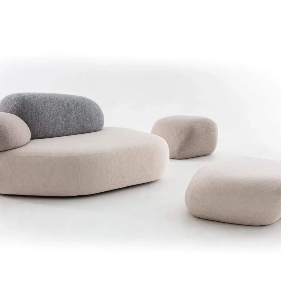 Exceptional Moroso Pebble Rubble lounge chair with organic form upholstered in light beige fabric and matte finish