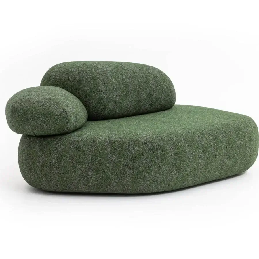 Distinguished Moroso Pebble Rubble lounge chair with organic form upholstered in textured fabric and mottled green finish