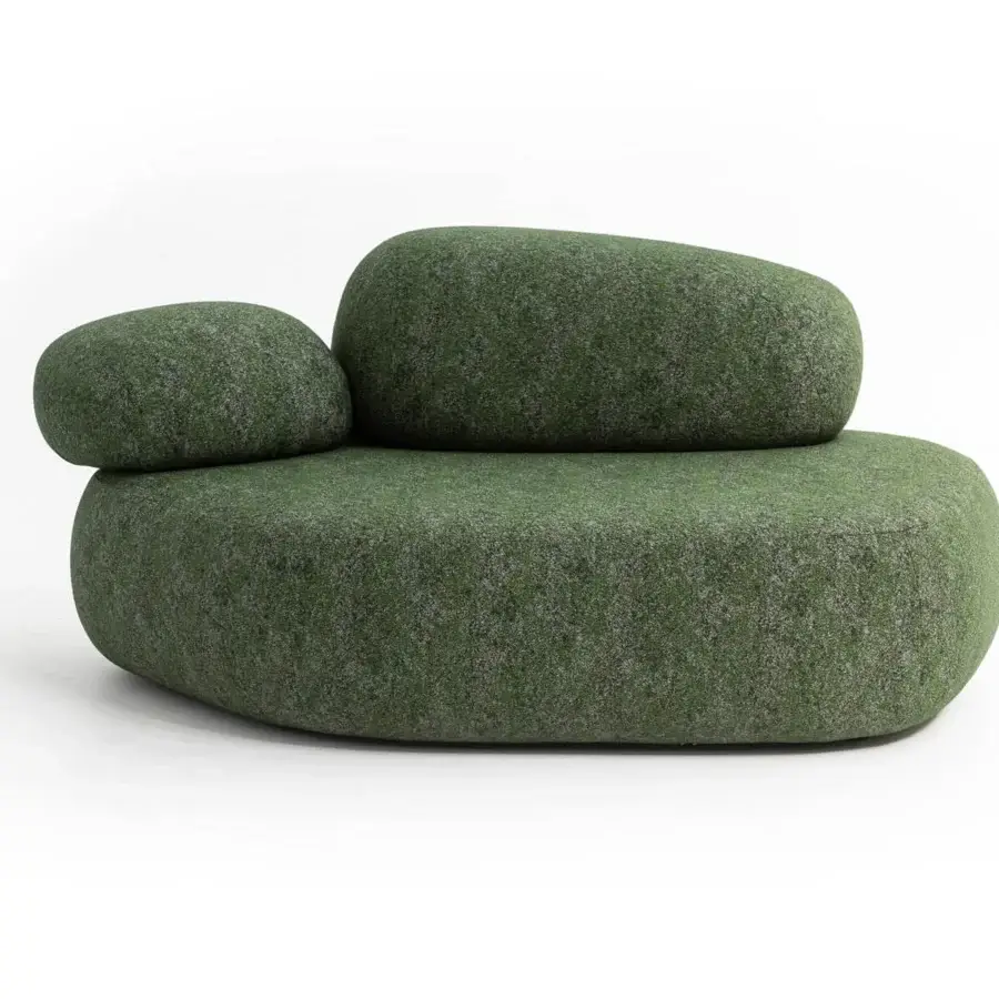 Sophisticated Moroso Pebble Rubble lounge chair with rounded proportions upholstered in textured green textile and wooden structure