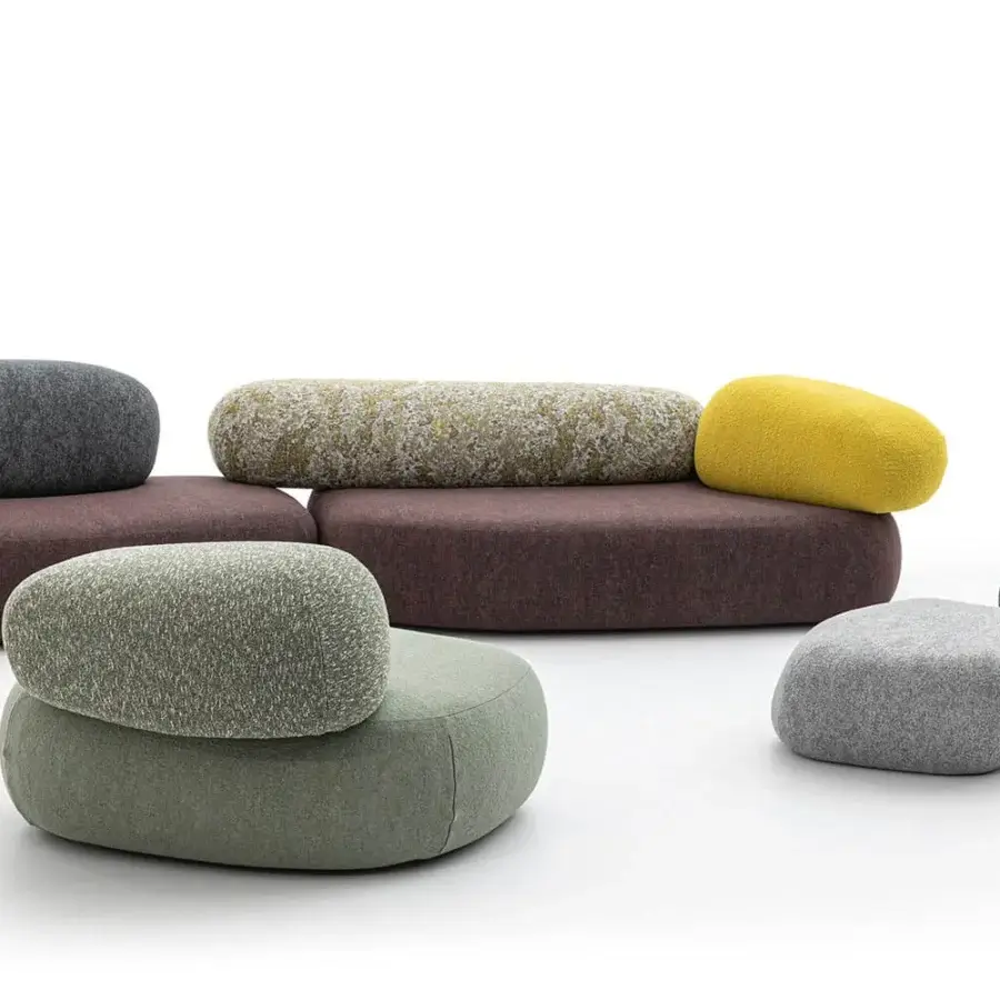 Exceptional Moroso Pebble Rubble lounge chair with stone-like forms upholstered in textured gray, brown, green and yellow fabric crafted in Italy
