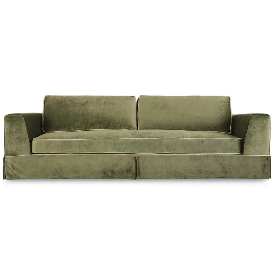 Lavish Bellavista Filippo sofa with muted green textile upholstery, goose down cushions and concealed ashwood feet