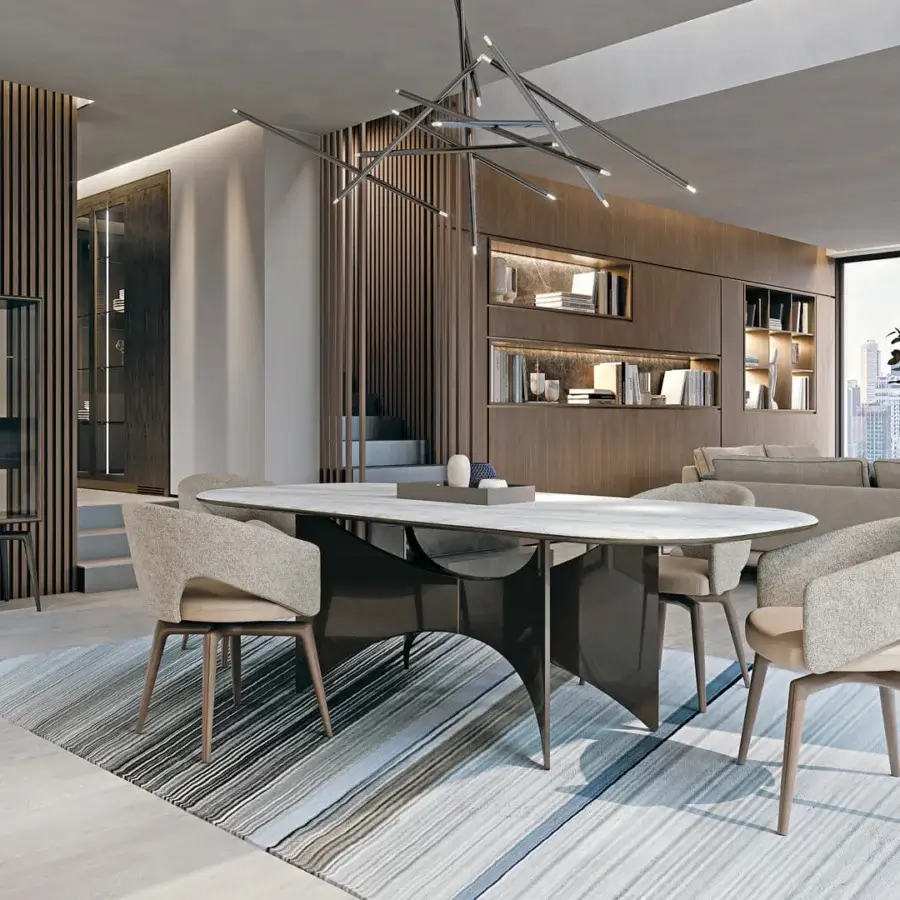 Exceptional Turri Blues table with a smooth marble top and sculpted walnut wood base featuring metal detailing