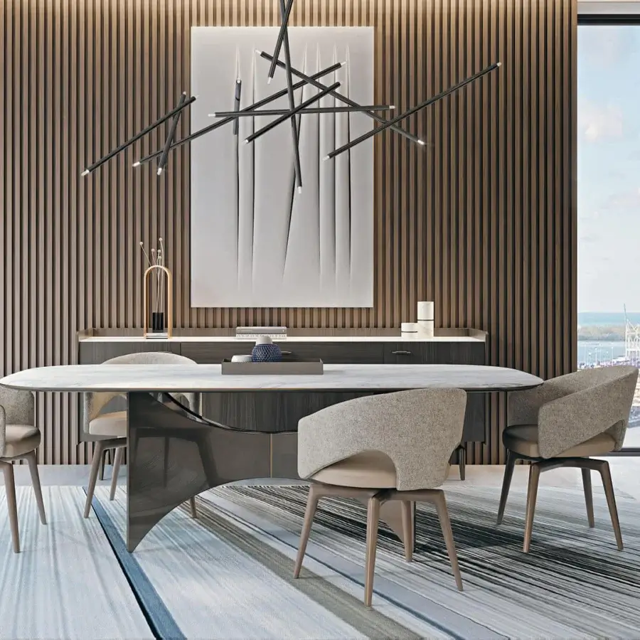 Superior Turri Blues table with sculpted walnut base and light marble-like stone top crafted with metal detailing