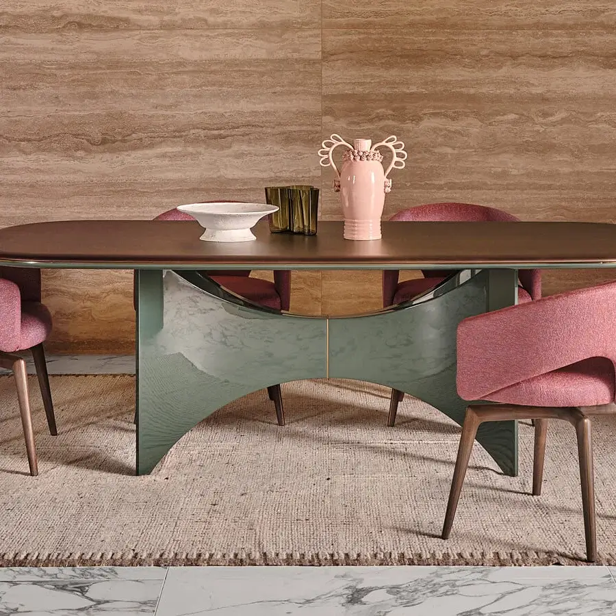 Elegant Turri Blues table with teal lacquered wood base and dark brown walnut wood top crafted with slim metal detail