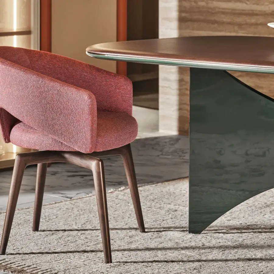Distinguished Turri Blues table with organically shaped walnut wood top and glossy lacquered dark green wings-inspired base