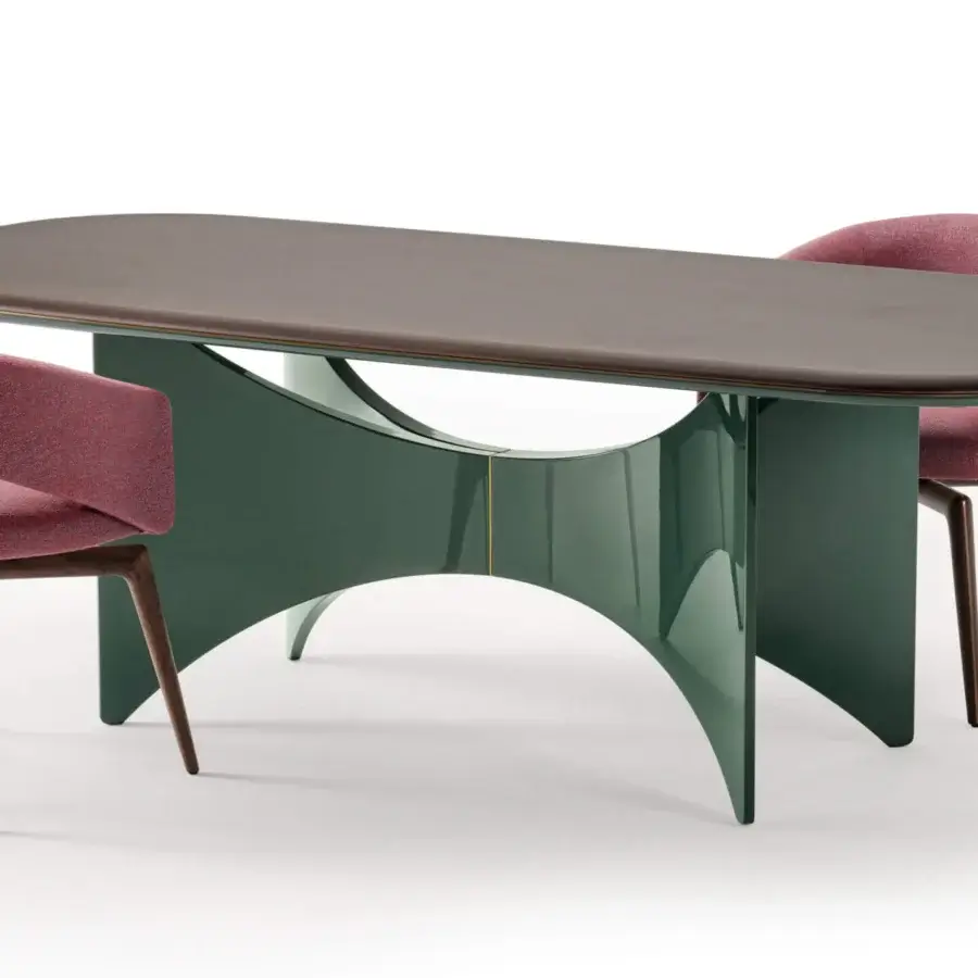 Exceptional Turri Blues table with walnut wood top and glossy green lacquered wood base accented with thin gold lines