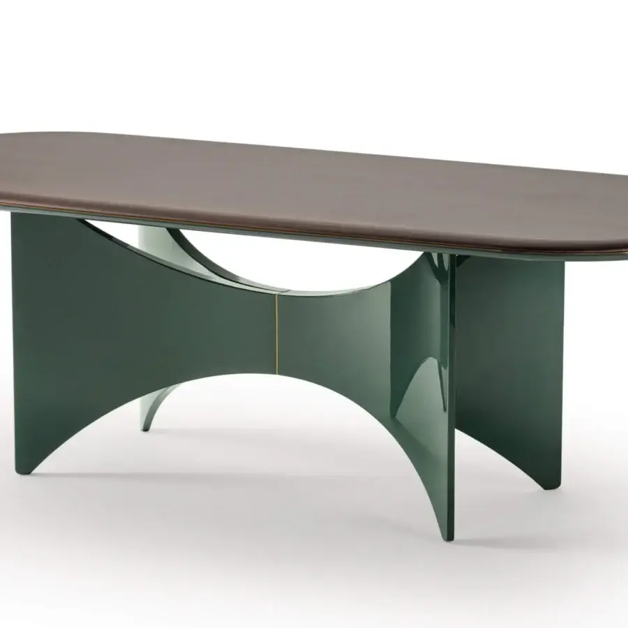 Superior Turri Blues table with walnut wood top, glossy green lacquered base and golden accent details crafted in Italy