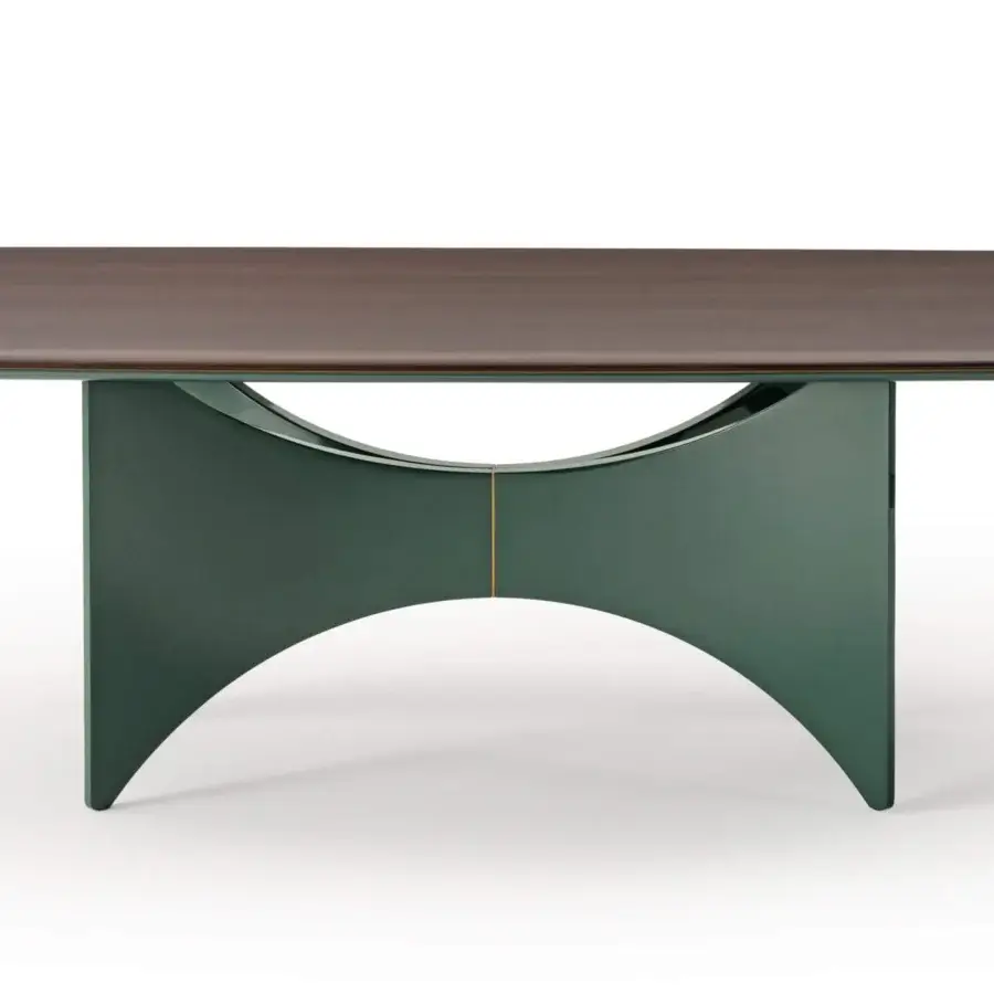 Elegant Turri Blues table with walnut wood tabletop, glossy green lacquered wood base and gold metal detail