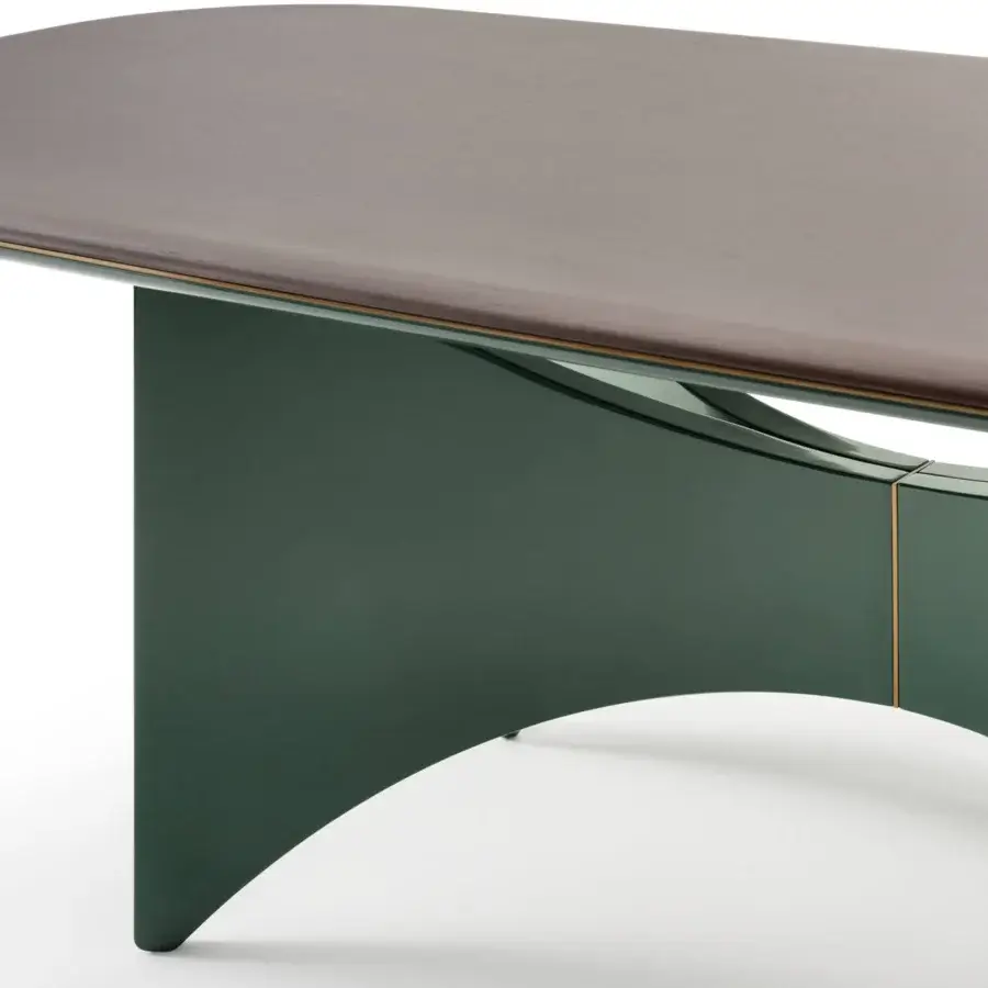 Distinguished Turri Blues table with walnut wood top, glossy dark green lacquered wood base and gold-toned metal accents