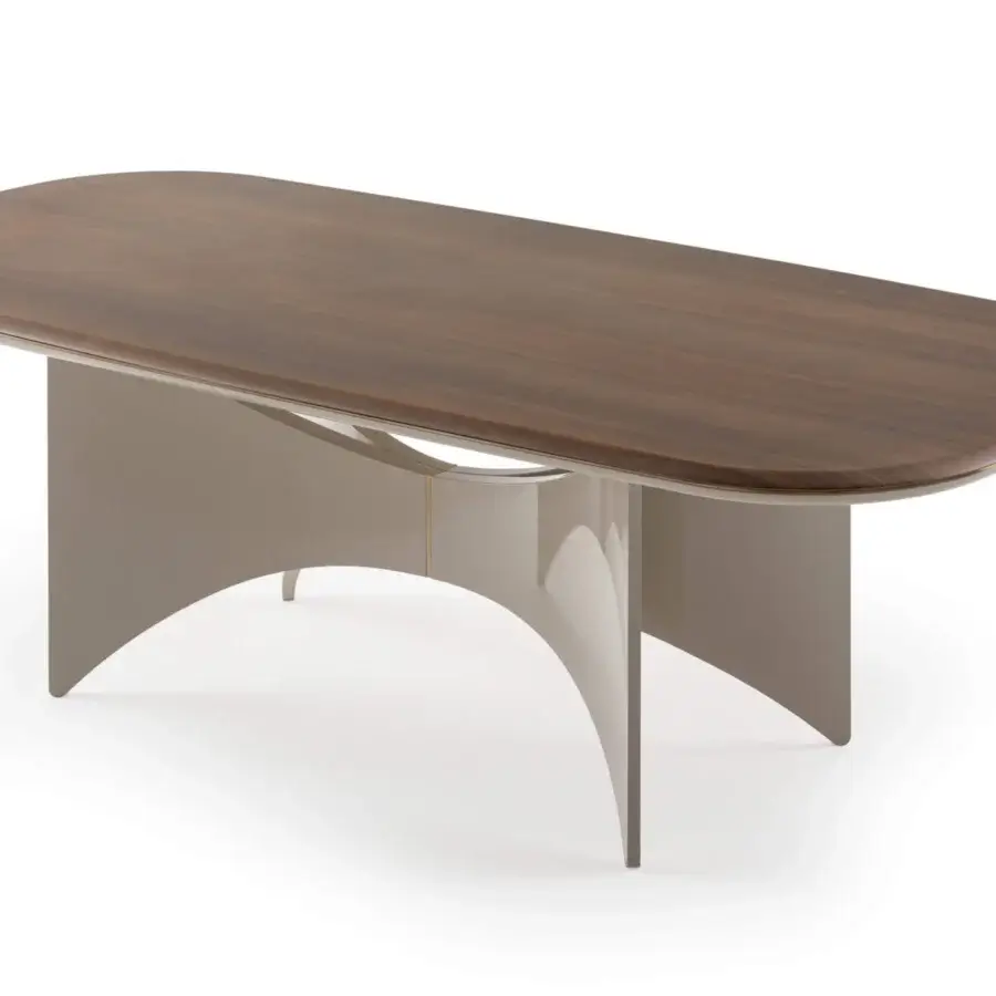 Elegant Turri Blues table with walnut wood top, rounded corners and taupe glossy lacquered wood wings supporting a metal detail