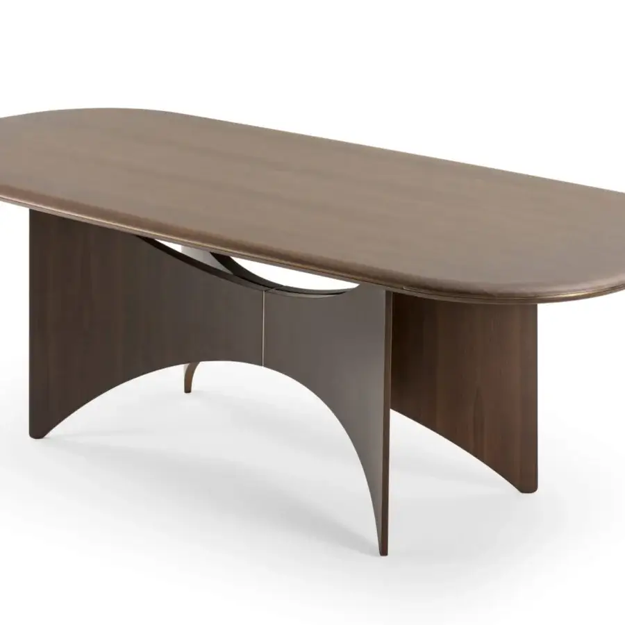 Distinguished Turri Blues table with walnut wood top, rounded corners and a winged base built with metal detail
