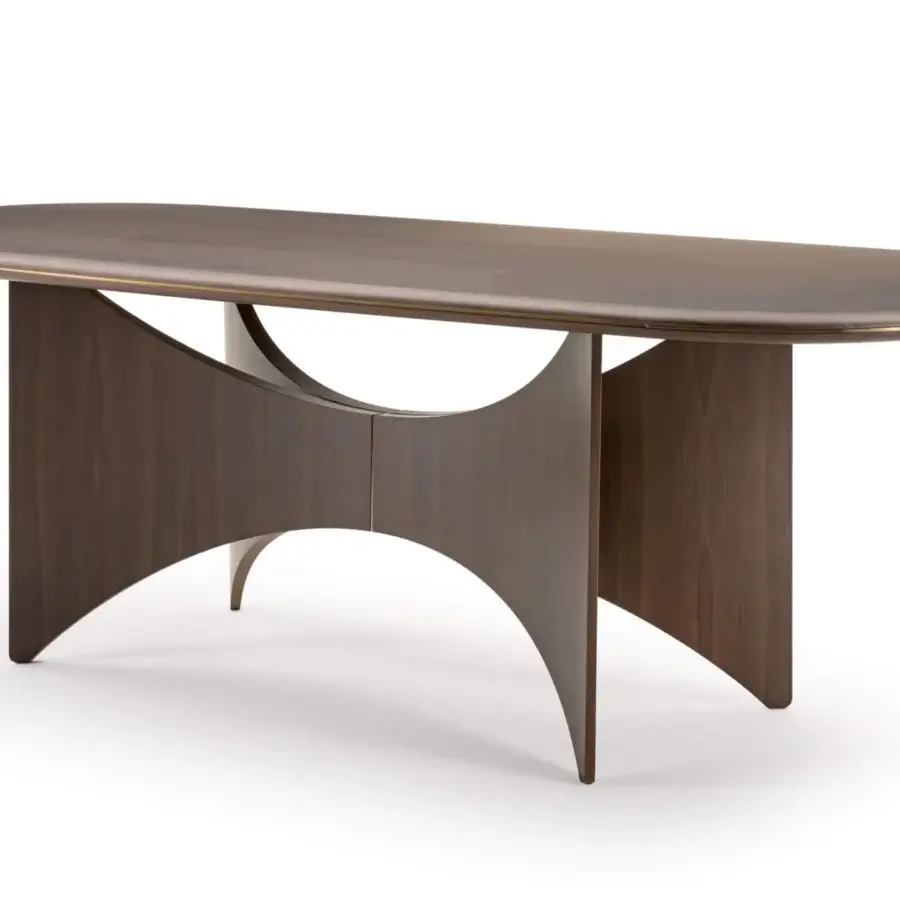 Superior Turri Blues table with dark brown walnut wood and bronze-colored metal detailing exhibiting a uniform wood grain finish