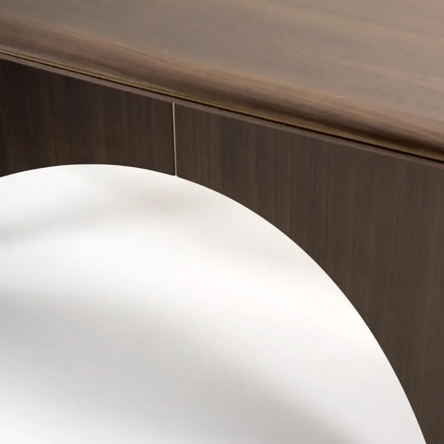 Elegant Turri Blues table with walnut wood top, wings-inspired base and metal detailing in a dark brown finish