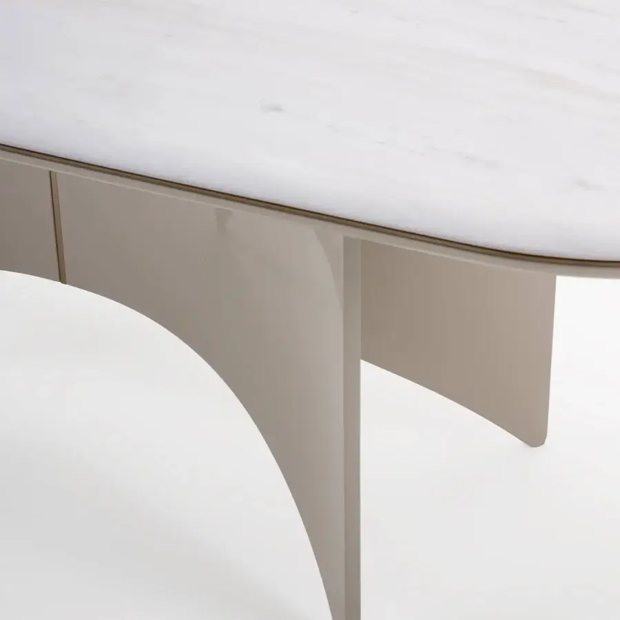 Elegant Turri Blues table with white marble top and glossy lacquered wood base, accented with metal detailing