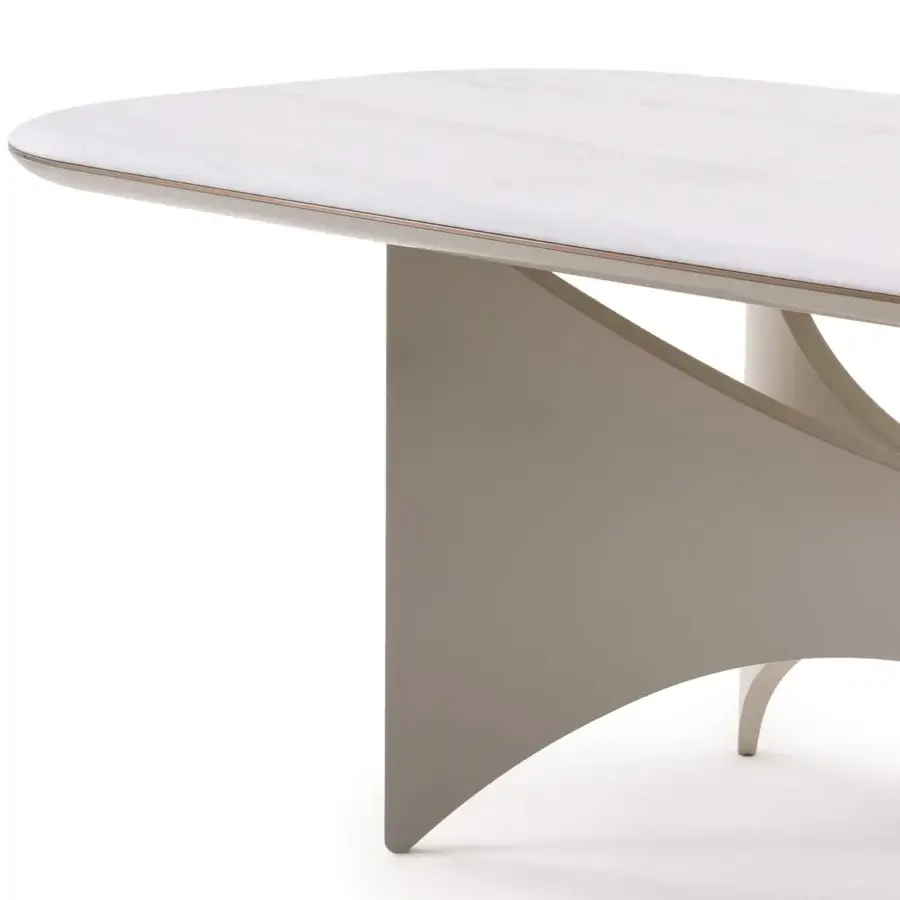 Exceptional Turri Blues table with rounded marble-like top and glossy lacquered wood wing base crafted in light hues