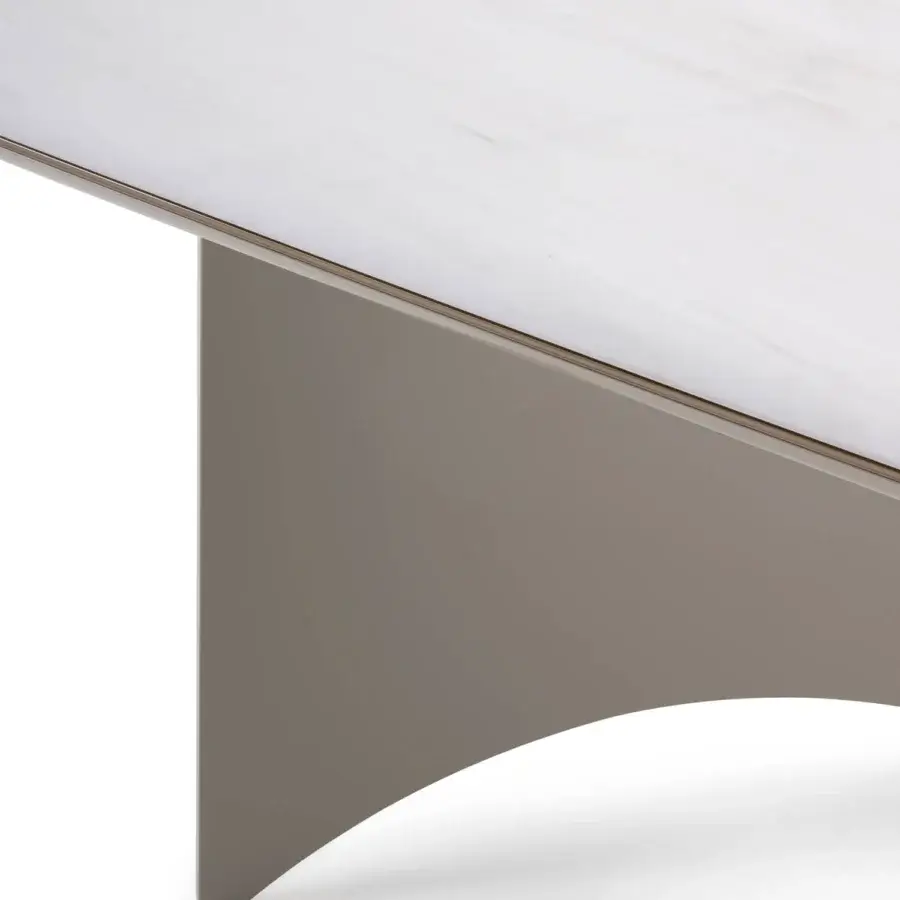 Superior Turri Blues table with light marble tabletop and matte gray-taupe metal base crafted with sophisticated detailing