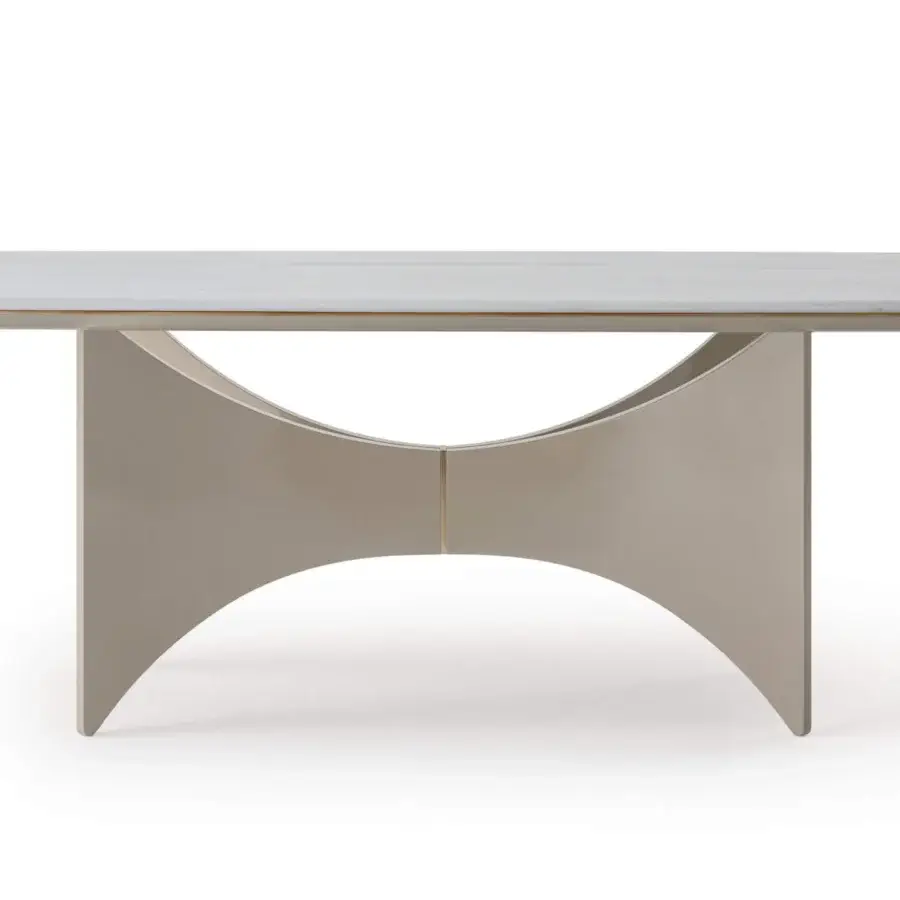 Distinguished Turri Blues table with wings-inspired base and rounded rectangular light marble top in gold-toned metal detail and matte lacquered wood