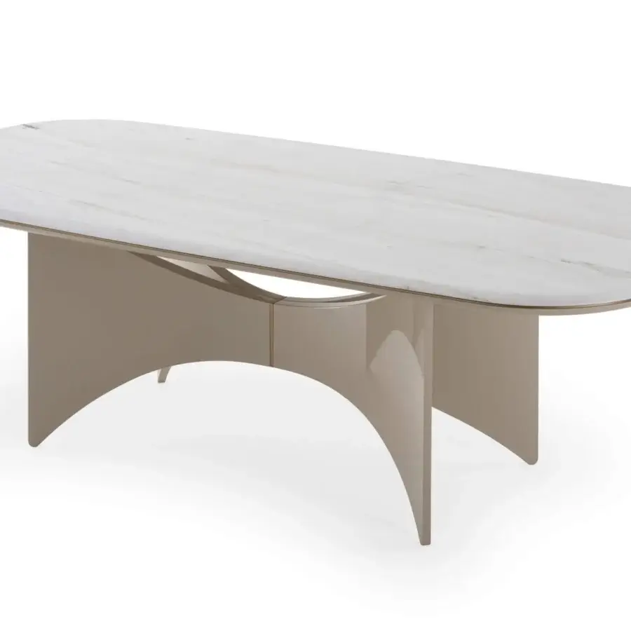 Superior Turri Blues table with rounded corners, light marble-like top and glossy taupe lacquered curved base