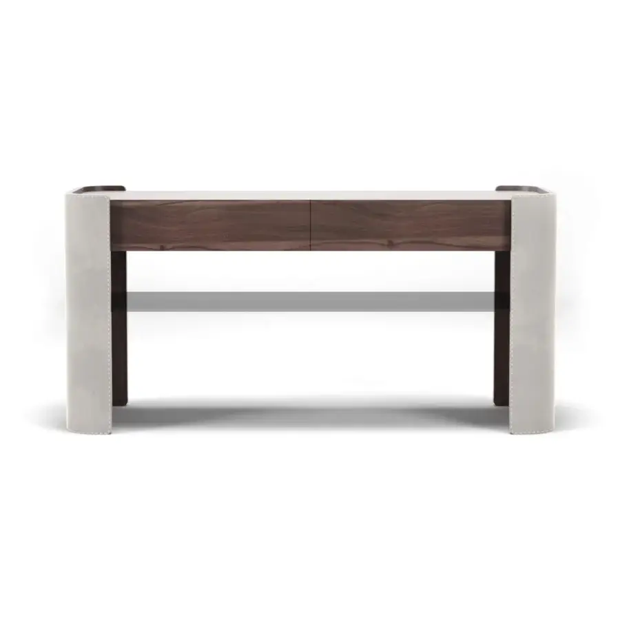 Elegant Formitalia Downtown console built in dark wood veneer with white leather sides and a glass shelf supported by grey upholstered legs