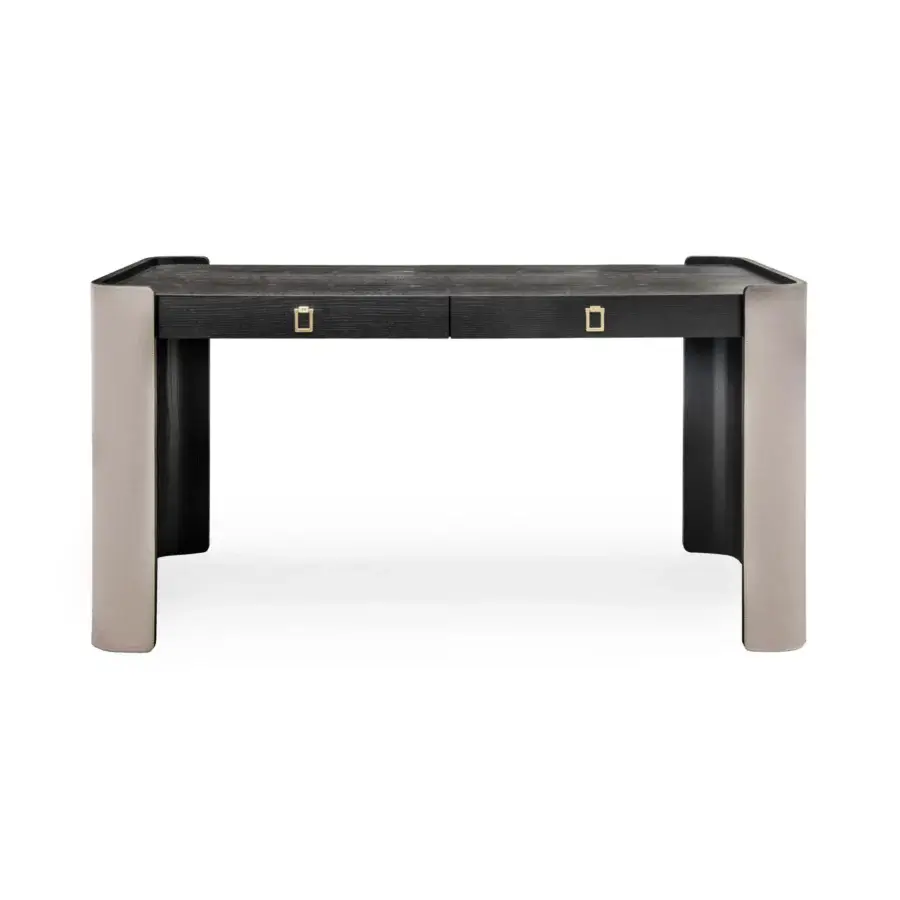 Distinguished Formitalia Downtown console crafted in dark wood veneer with a glass shelf and light legs