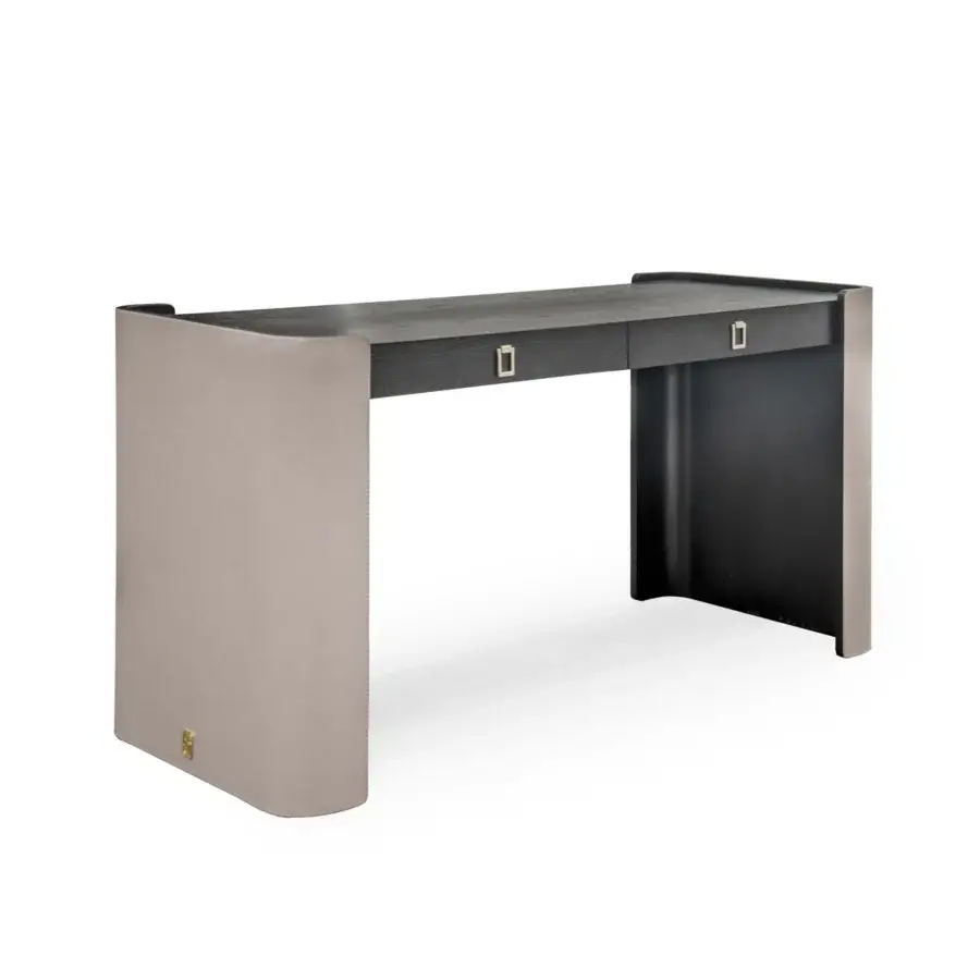 Sophisticated Formitalia Downtown console built in dark wood veneer with beige leather and a sleek glass shelf