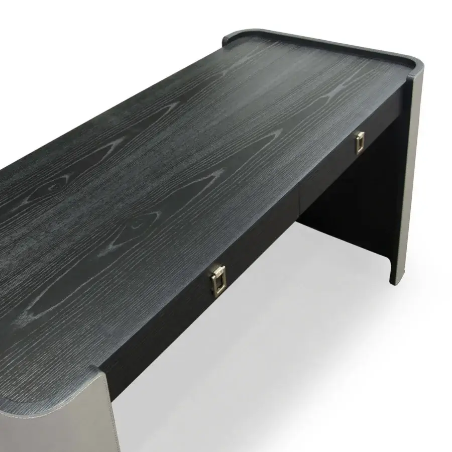 Exclusive Formitalia Downtown console built in dark gray wood veneer with lighter gray leather sides and a sleek glass shelf