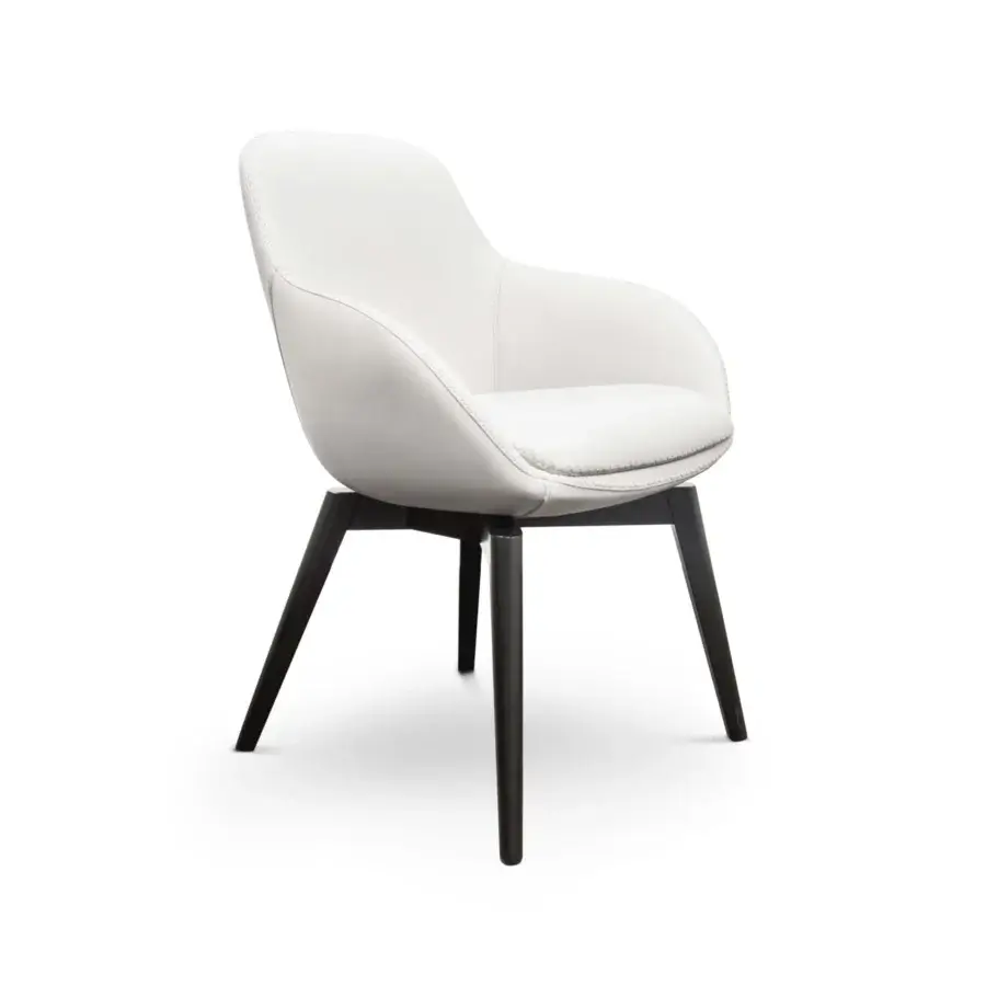 Exceptional Formitalia Downtown armchair upholstered in smooth white synthetic fabric with matte wood veneer legs