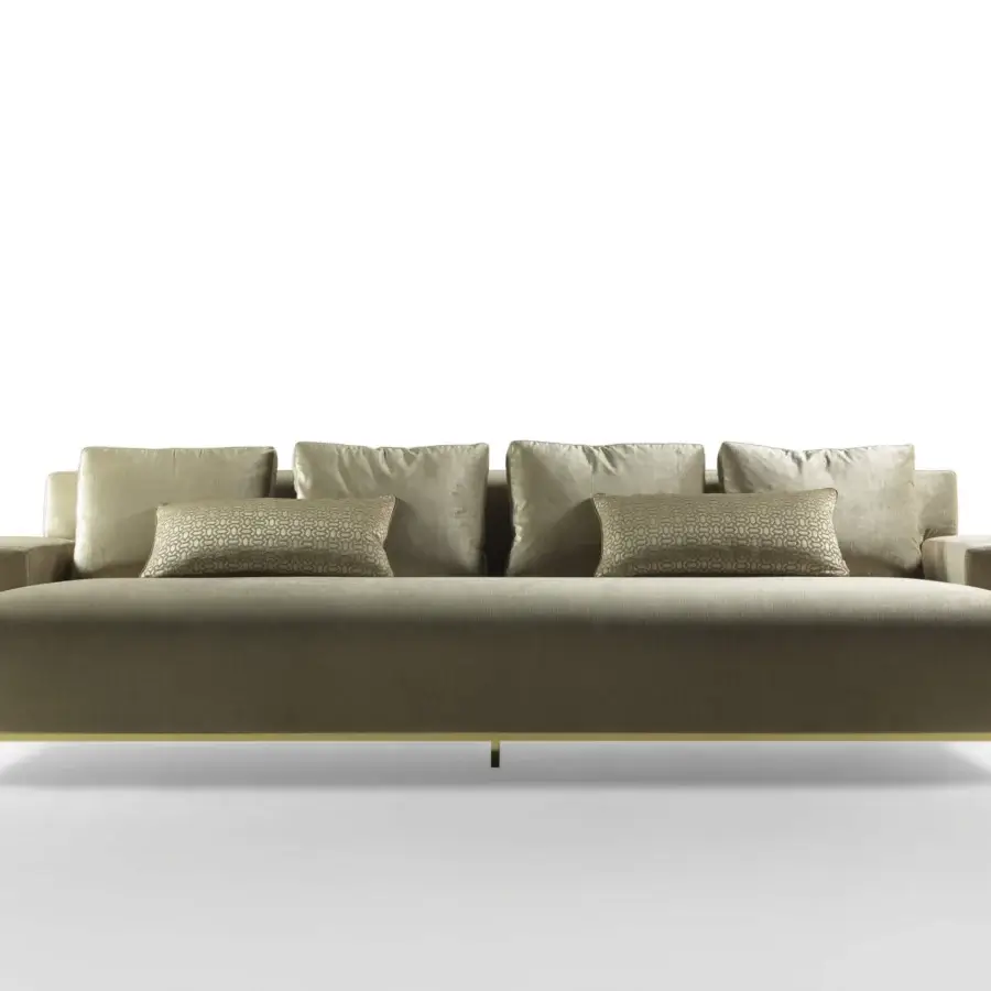 Superior Bellavista George V sofa with light brown textile upholstery and polished brass base crafted in Italy