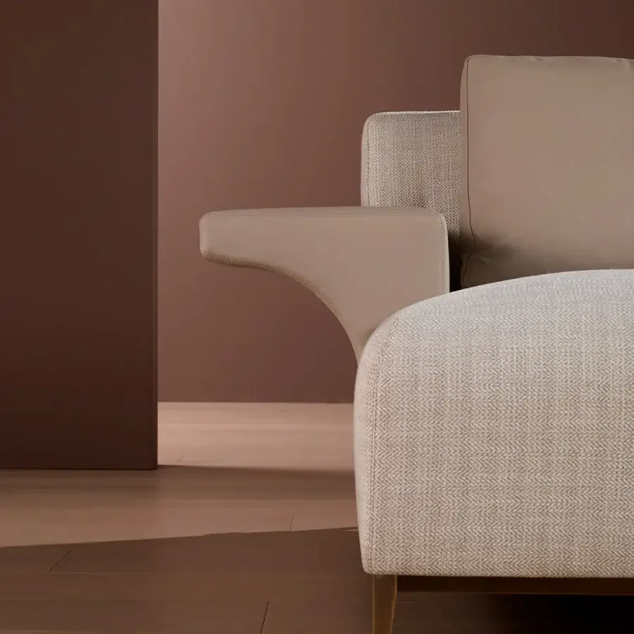 Distinguished Bellavista George V sofa with textured light beige herringbone upholstery and sleek brass base