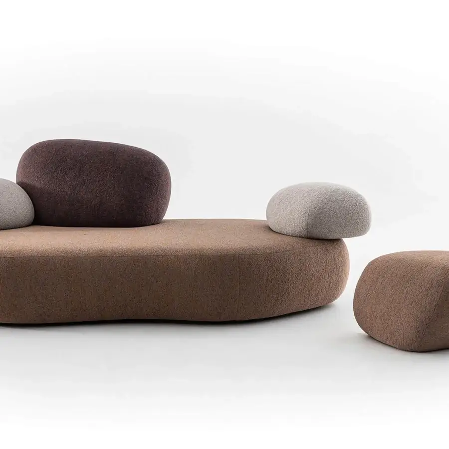 Exceptional Moroso Pebble Rubble sofa upholstered in textured matte brown fabric with pebble-shaped cushions in dark brown and light gray