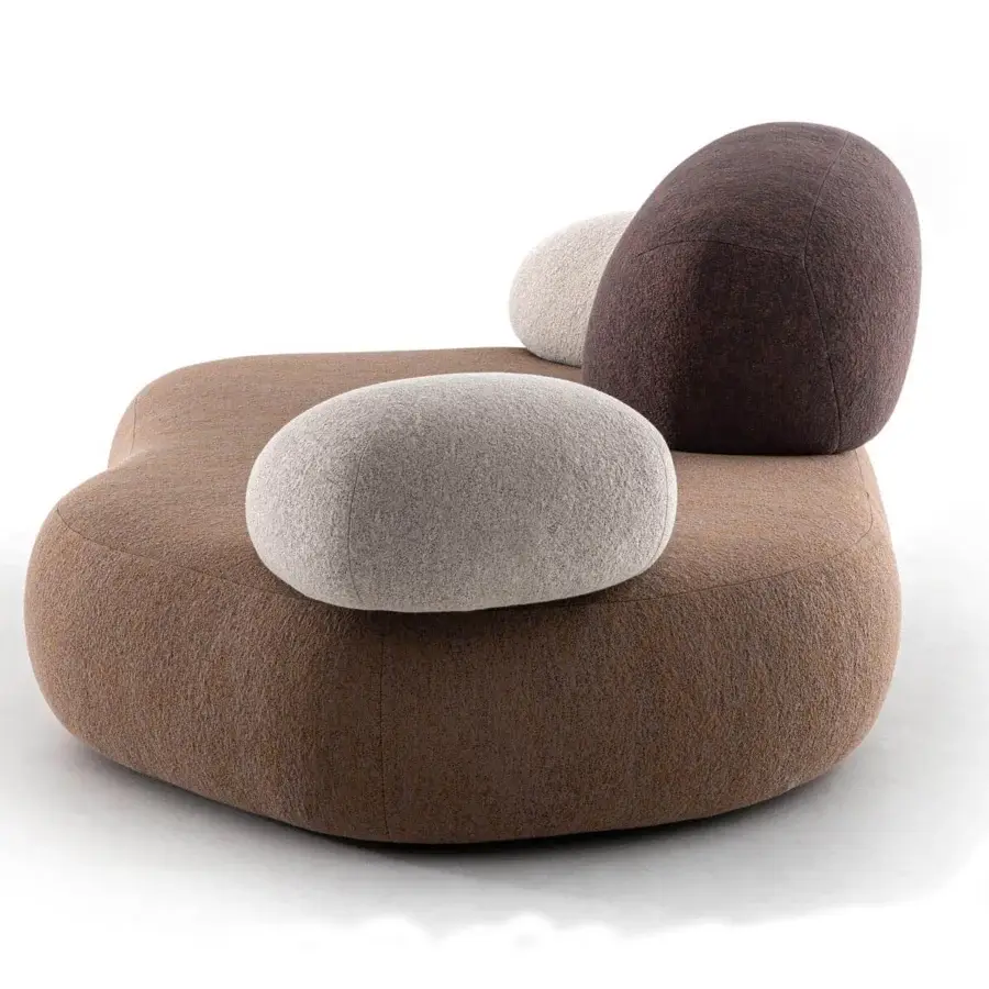 Superior Moroso Pebble Rubble sofa upholstered in textured brown fabric with curvilinear form and pebble-shaped gray cushions