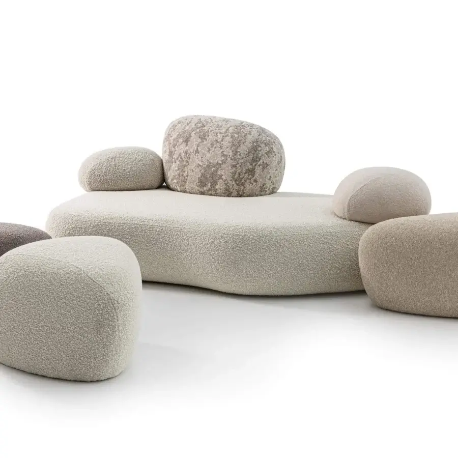 Distinguished Moroso Pebble Rubble sofa crafted in light cream textured fabric with organic rounded forms and polyurethane foam elements