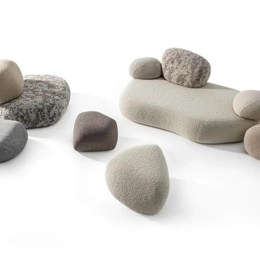 Exceptional Moroso Pebble Rubble sofa with organic form and textured neutral fabric upholstery built with a wooden structure