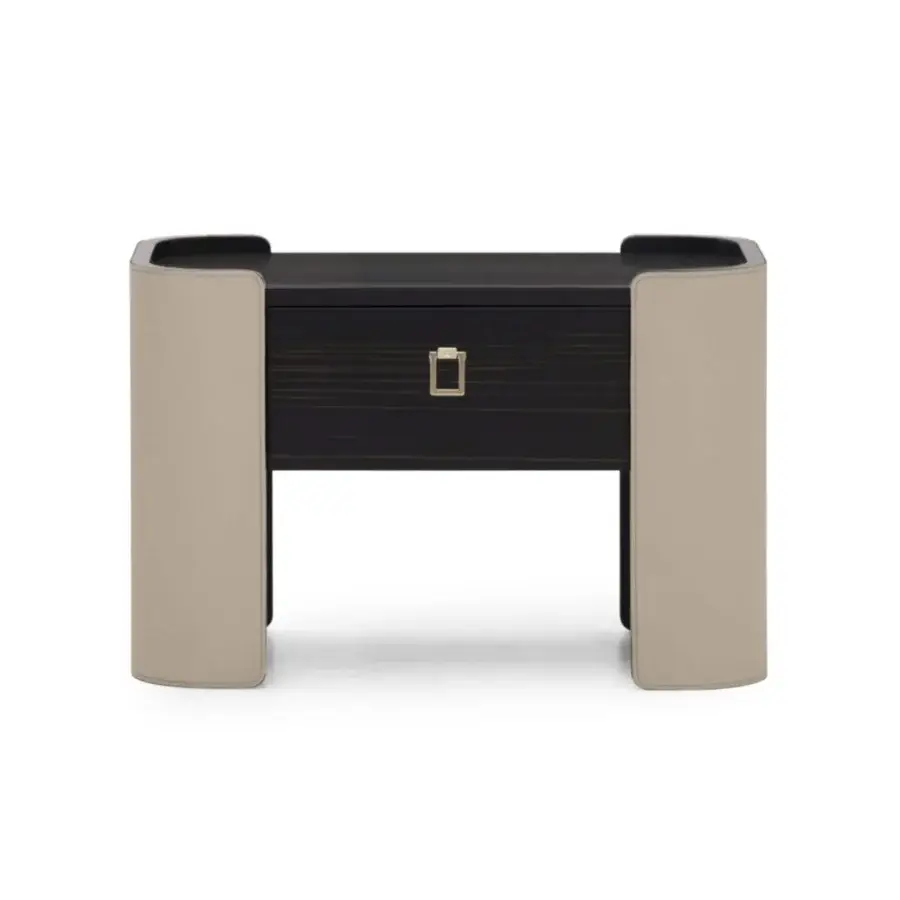 Elegant Formitalia Downtown nightstand with beige fabric sides and dark wood veneer top crafted with a minimalist metal handle