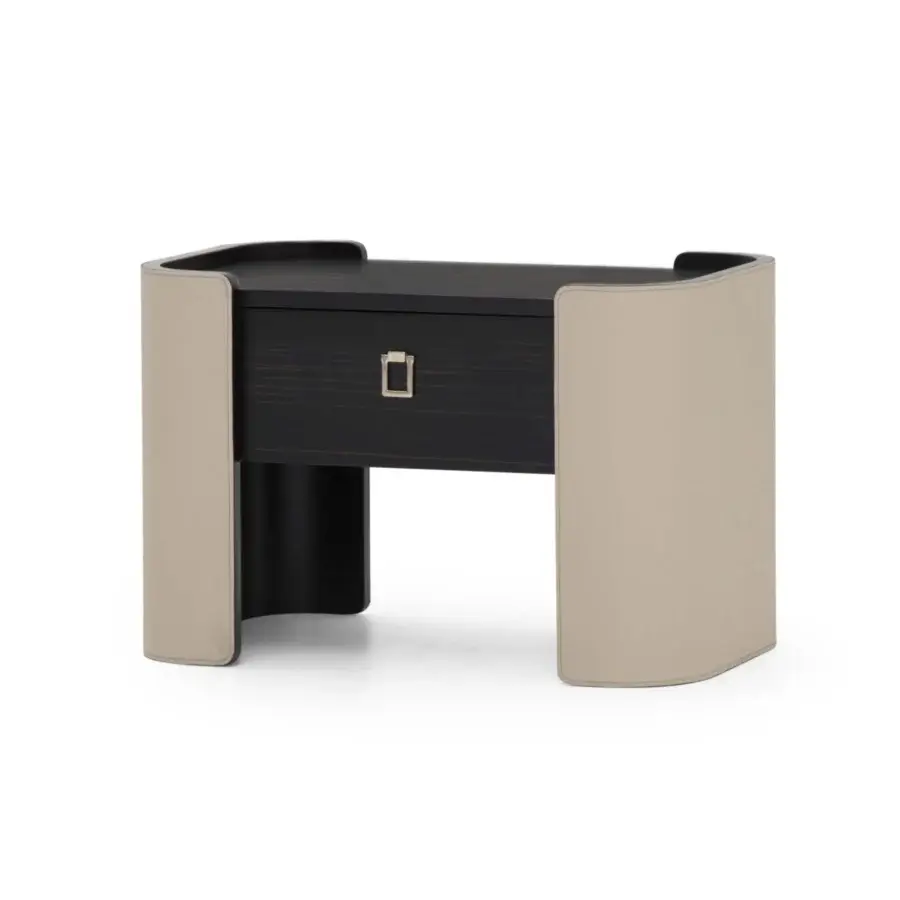 Distinguished Formitalia Downtown nightstand with light beige leather sides and dark brown wood veneer finish