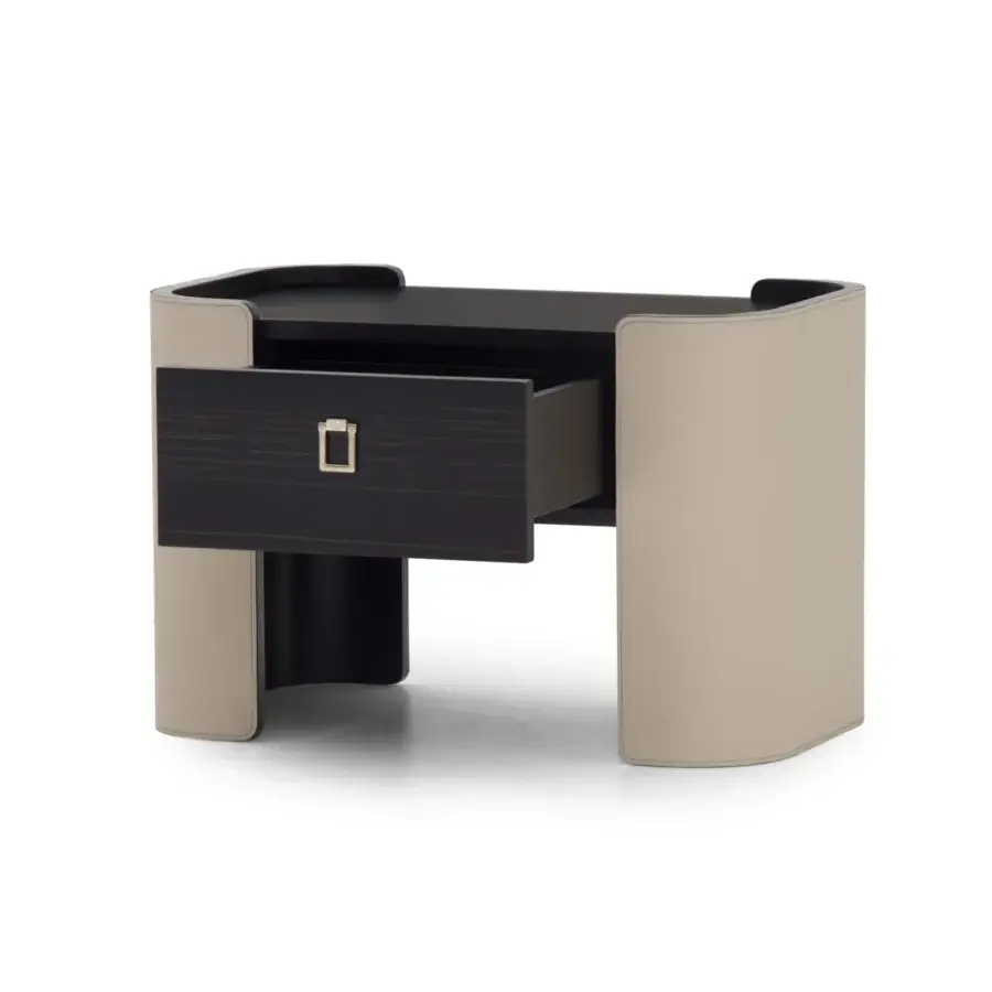 Superior Formitalia Downtown nightstand with light beige leather sides and dark wood veneer top and drawer