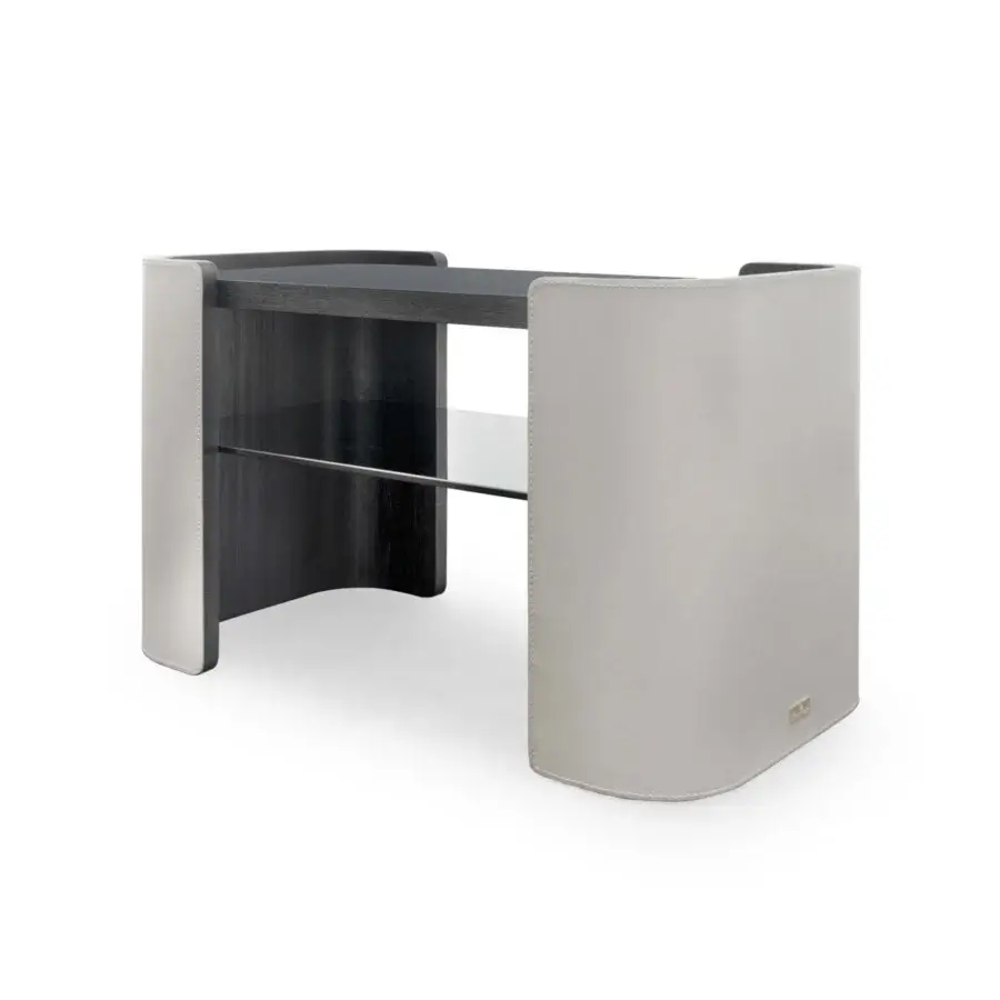 Elegant Formitalia Downtown nightstand with light gray leather sides, dark gray matte wood veneer top and clear glass shelf
