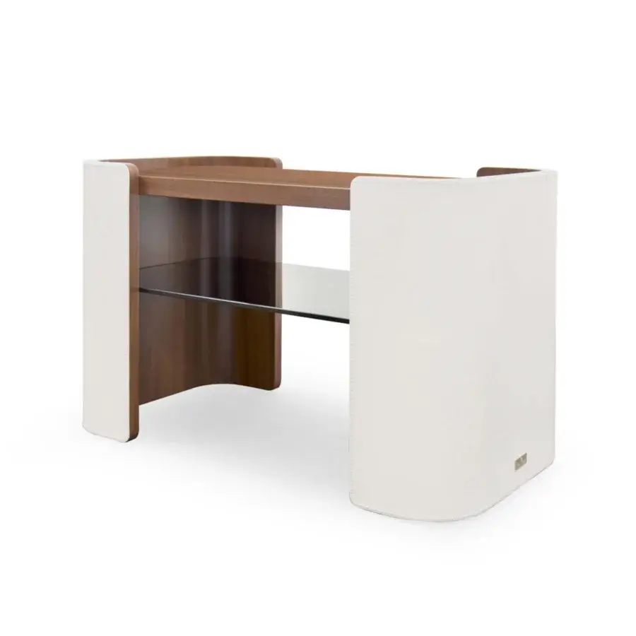 Superior Formitalia Downtown nightstand with smooth white synthetic sides and wood veneer top with clear glass shelf