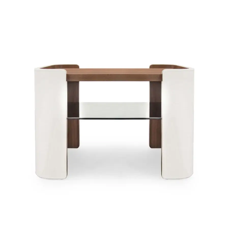 Meticulous Formitalia Downtown nightstand with warm wood veneer top and shelf encased in matte white material