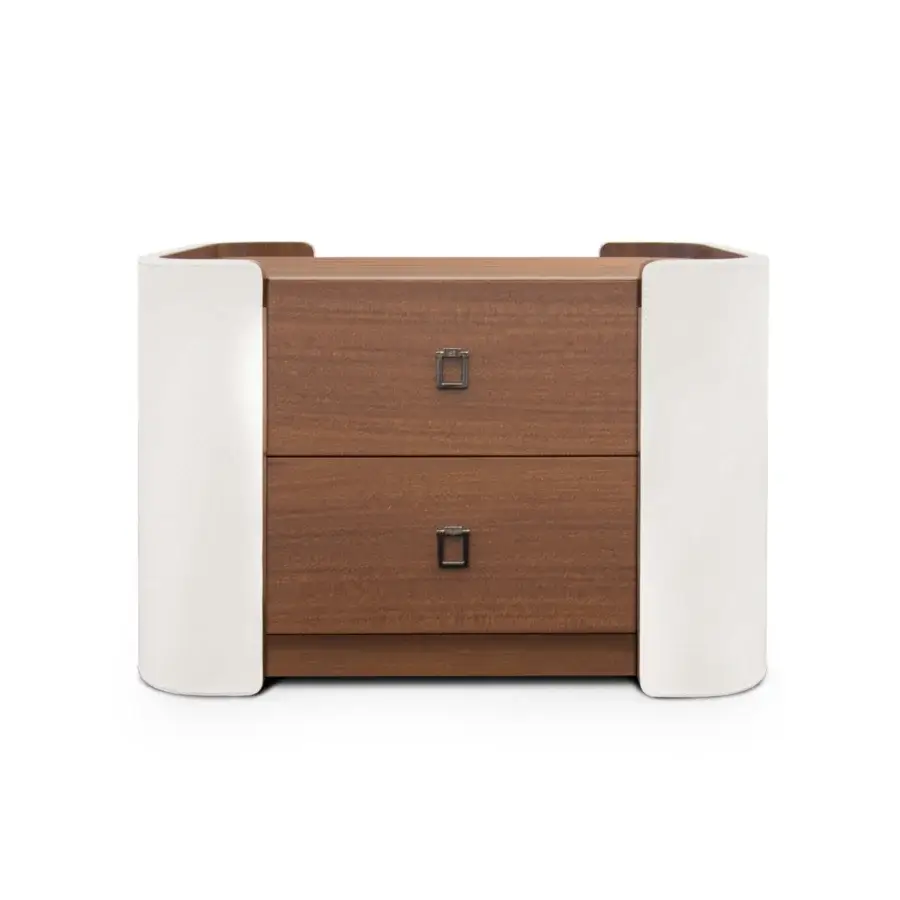 Elegant Formitalia Downtown nightstand with white leather side panels and smooth matte wood veneer top