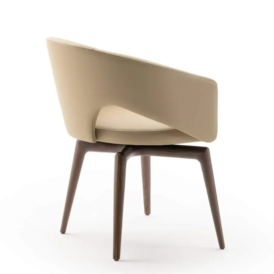 Superior Turri Blues armchair unites backrest and armrests in smooth beige synthetic leather with dark brown matte wood legs