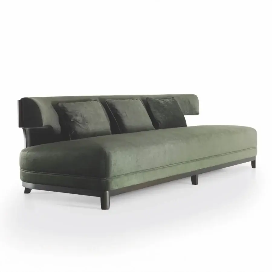 Exceptional Bellavista Grace Wood sofa presents a modern silhouette with muted green textile upholstery and dark walnut wood frame