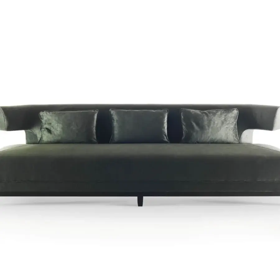 Superior Bellavista Grace Wood sofa with bent poplar wood structure and dark green velvet upholstery complemented by a walnut wood base