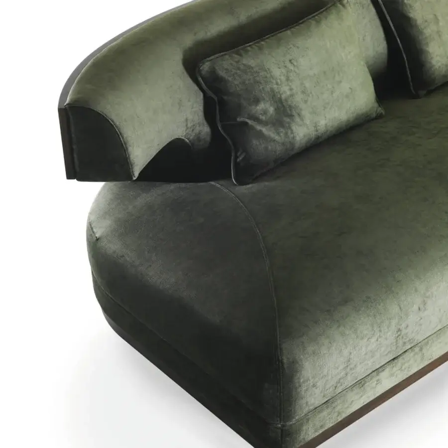 Lavish Bellavista Grace Wood sofa showcases a rounded contemporary design upholstered in dark green textile with a walnut veneered base crafted in Italy