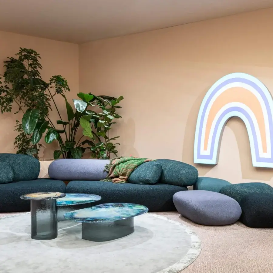 Exceptional Moroso Pebble Rubble sectional with a contemporary organic silhouette upholstered in teal textured polyester fiber