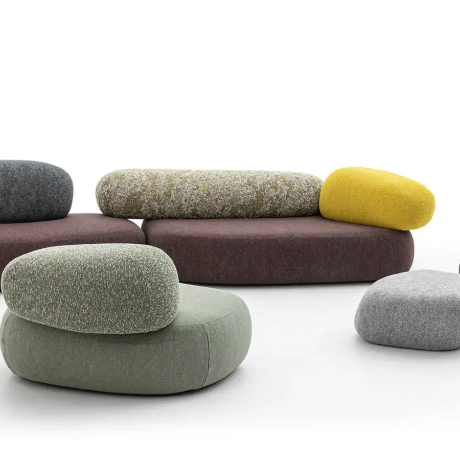 Innovative Moroso Pebble Rubble sectional with organically shaped modules upholstered in matte gray, brown, green, and yellow textiles crafted in Italy