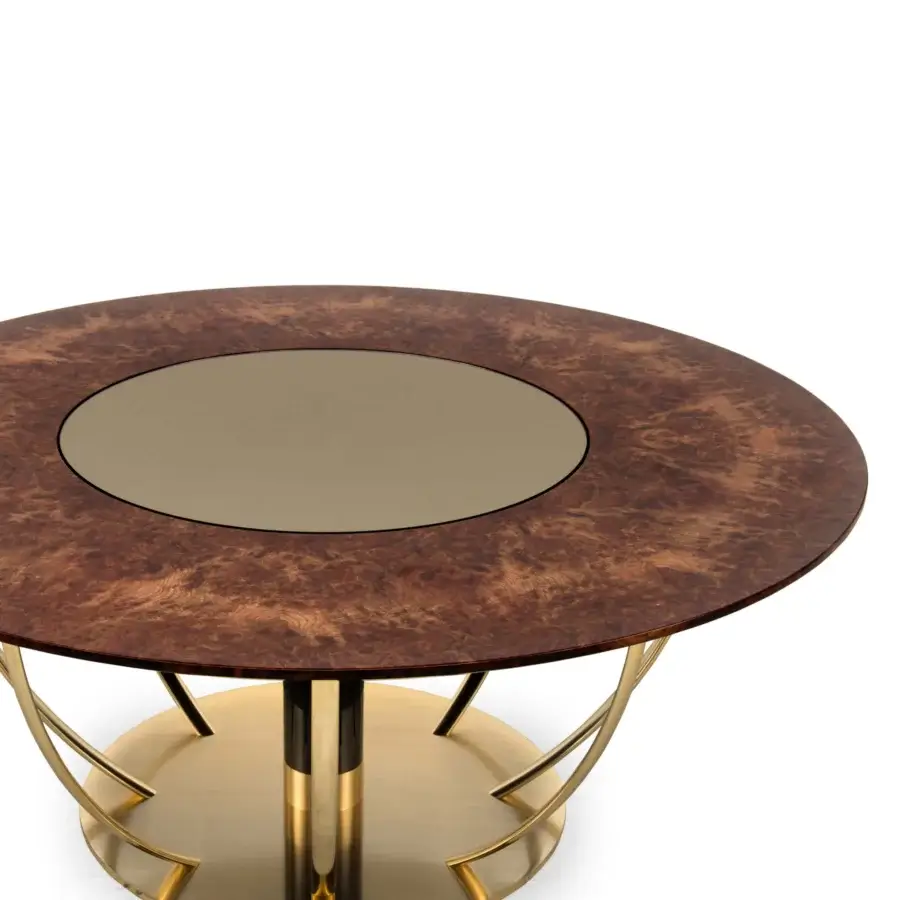 Distinguished Formitalia Dome table with wood veneer displaying a mirrored lazy susan and glossy gold metallic lacquered base